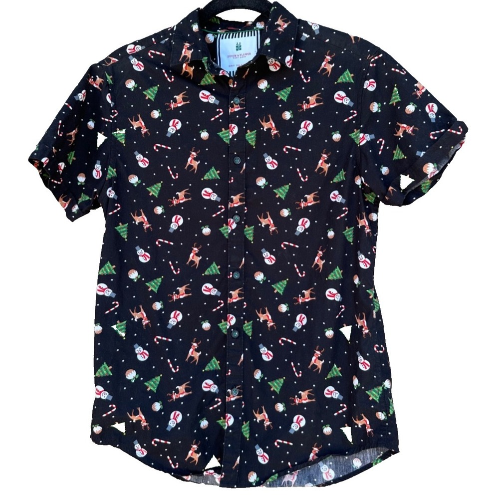 Denim & Flower Christmas Shirt Mens Small Black All Over Print Button Up Cotton